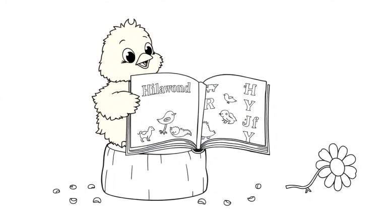 Placa de color: pollito esponjoso leyendo un libro con semillas y una flor.