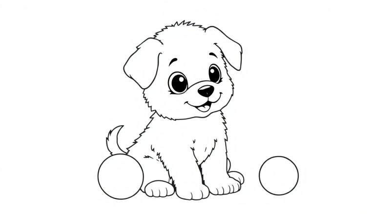 Placa de color de un cachorro sentado con dos círculos vacíos a cada lado.