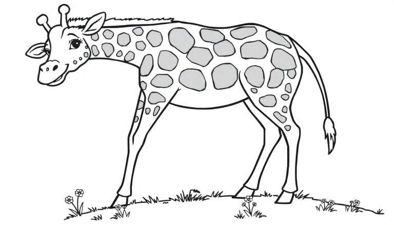 Una jirafa dibujada a mano lista para colorear, con manchas grises y un cuello largo sobre hierba y flores. La placa de color ofrece una divertida actividad.