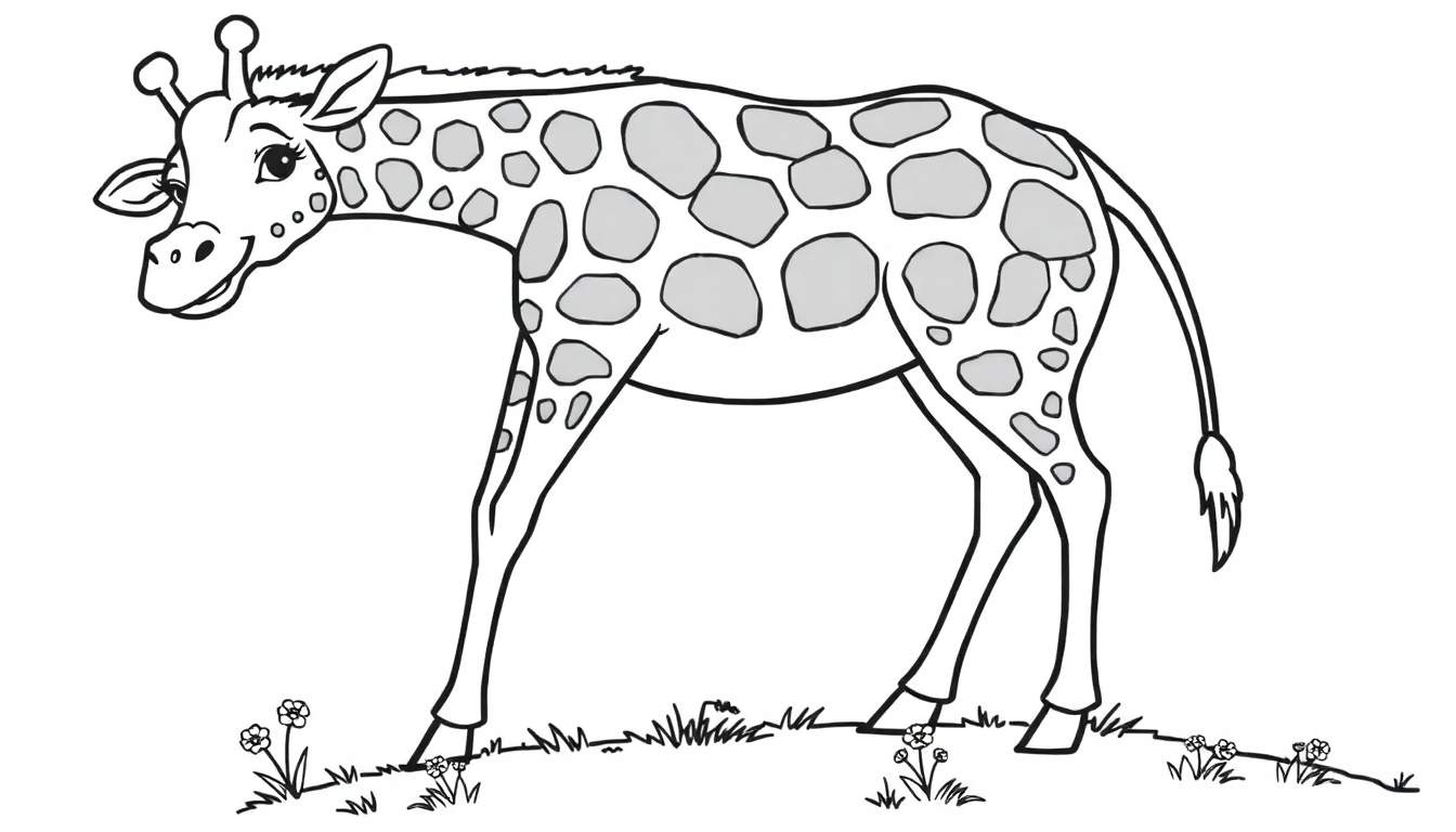Una jirafa dibujada a mano lista para colorear, con manchas grises y un cuello largo sobre hierba y flores. La placa de color ofrece una divertida actividad.