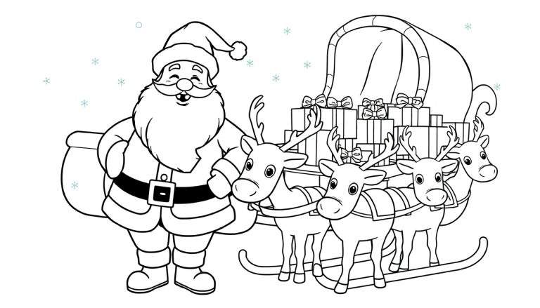 Placa de color de Papá Noel en su trineo con renos.