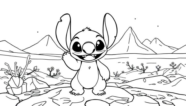 Placa de color de Stitch saludando feliz en una roca con un paisaje de fondo.