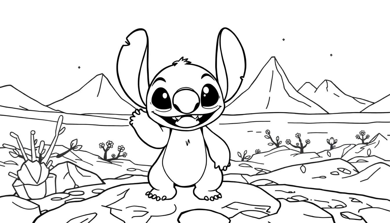 Placa de color de Stitch saludando feliz en una roca con un paisaje de fondo.