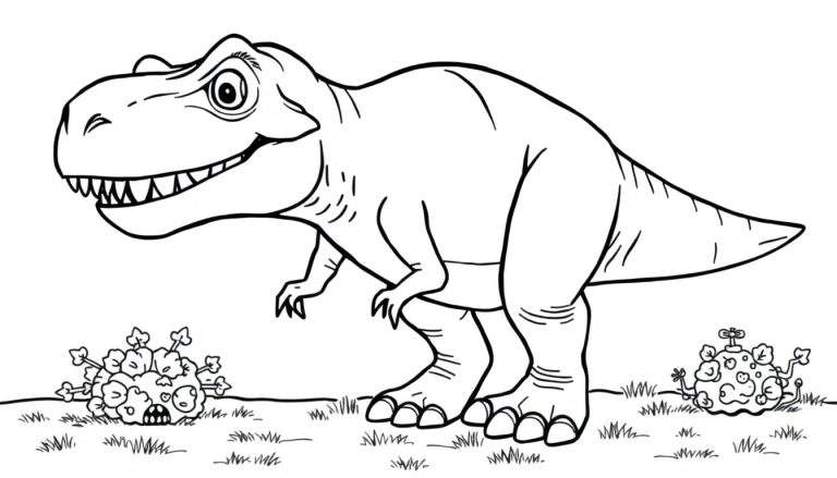 Placa de color de un T-Rex amigable sonriendo con pequeños amigos.