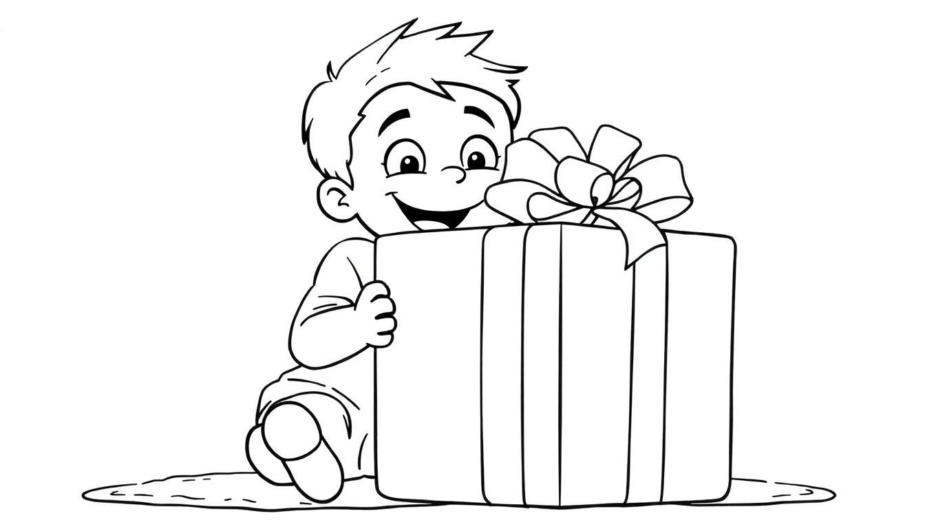 Placa de color de un niño feliz abriendo un regalo grande.