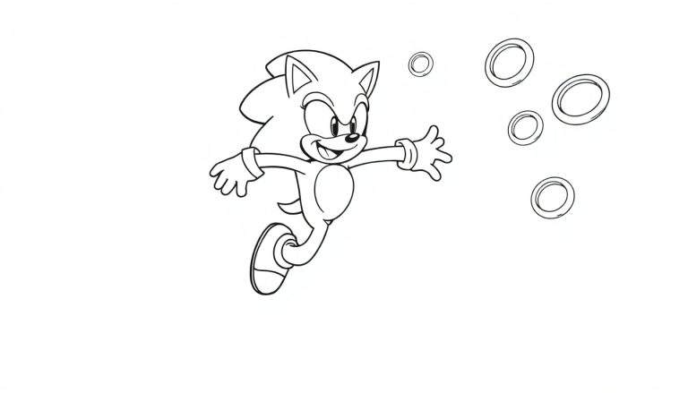 Placa de color de Sonic the Hedgehog corriendo con anillos dorados