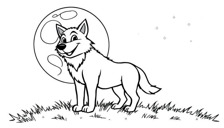 Placa de color de un lobo sonriente aullando a la luna llena en un campo de hierba.