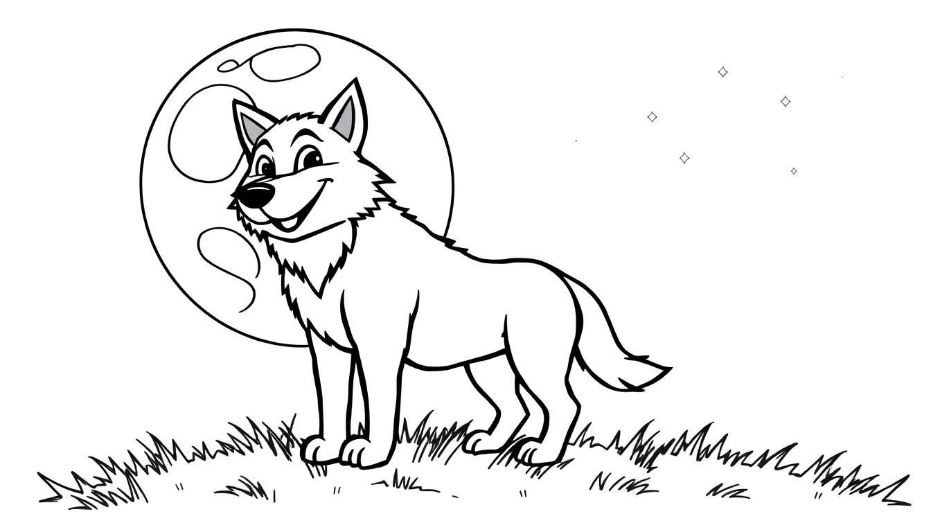 Placa de color de un lobo sonriente aullando a la luna llena en un campo de hierba.