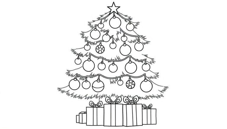 Placa de color de un árbol de Navidad caricaturesco en blanco y negro decorado con adornos y regalos.