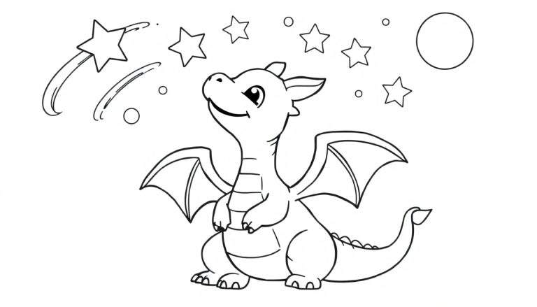 Placa de color de un adorable dragón de dibujos animados con alas extendidas en un cielo estrellado con una luna y estrellas.
