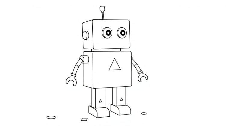 Placa de color de un robot amigable hecho de formas geométricas.