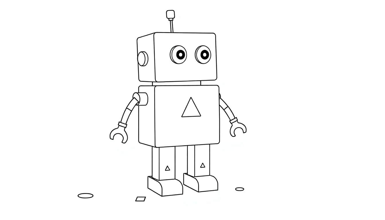 Placa de color de un robot amigable hecho de formas geométricas.