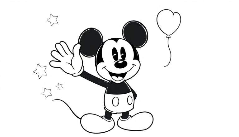 Mickey Mouse sonriendo y saludando con su guante, cerca de estrellas y un globo en forma de corazón, listo para colorear en blanco y negro en una placa de color.
