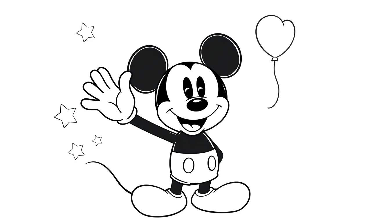 Mickey Mouse sonriendo y saludando con su guante, cerca de estrellas y un globo en forma de corazón, listo para colorear en blanco y negro en una placa de color.