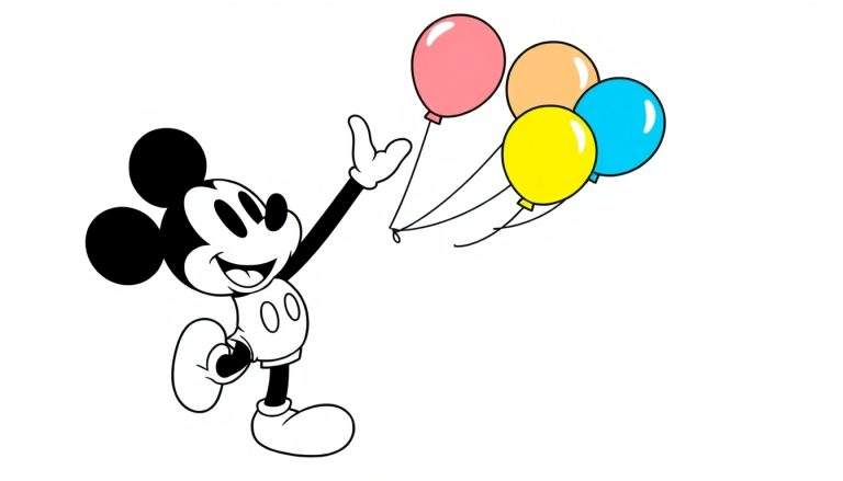 Placa de color de Mickey Mouse levantando un brazo con cuatro globos de colores: rosa, naranja, amarillo y azul.