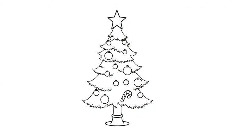 Placa de color de un árbol de Navidad con adornos y una estrella.