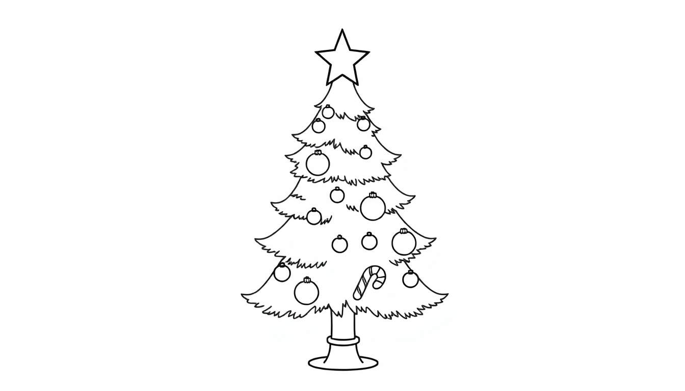 Placa de color de un árbol de Navidad con adornos y una estrella.