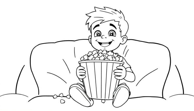 Placa de color de un niño feliz sentado en un sillón con un gran balde de palomitas de maíz.