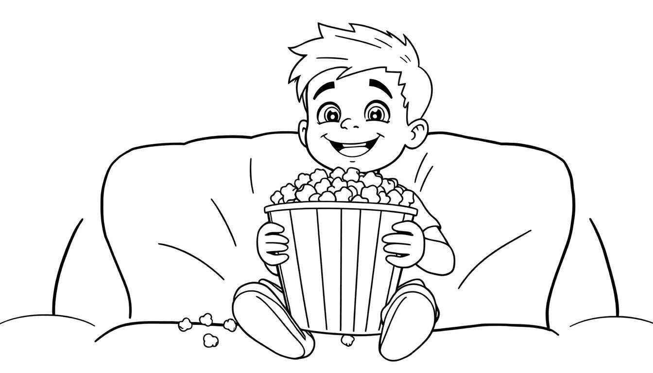 Placa de color de un niño feliz sentado en un sillón con un gran balde de palomitas de maíz.