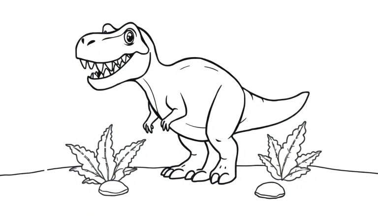 Un dibujo lineal de un Tiranosaurio Rex amigable para colorear, listo para la diversión prehistórica.