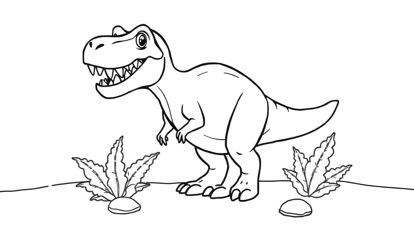 Un dibujo lineal de un Tiranosaurio Rex amigable para colorear, listo para la diversión prehistórica.