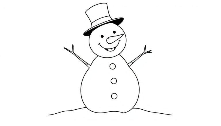 Placa de color de un muñeco de nieve con zanahoria y sombrero.