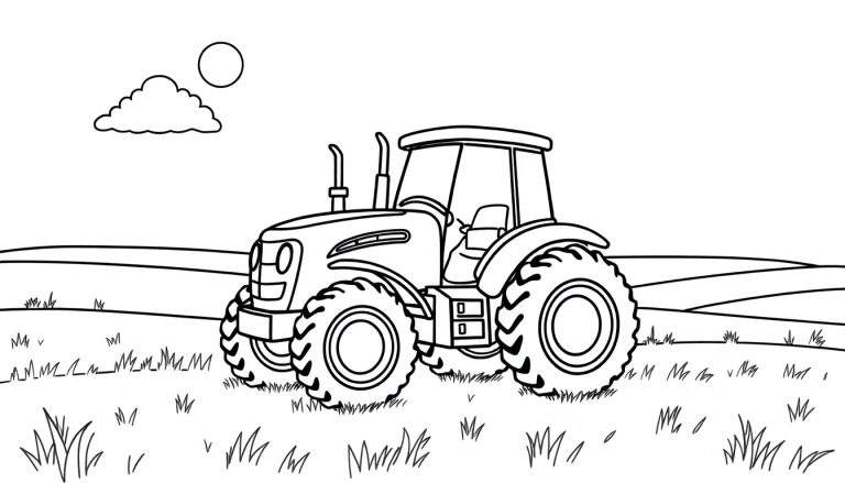 Placa de color de un tractor amigable en un campo con sol y nube.