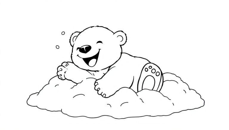 Placa de color de un oso polar amigable jugando en la nieve, listo para colorear.