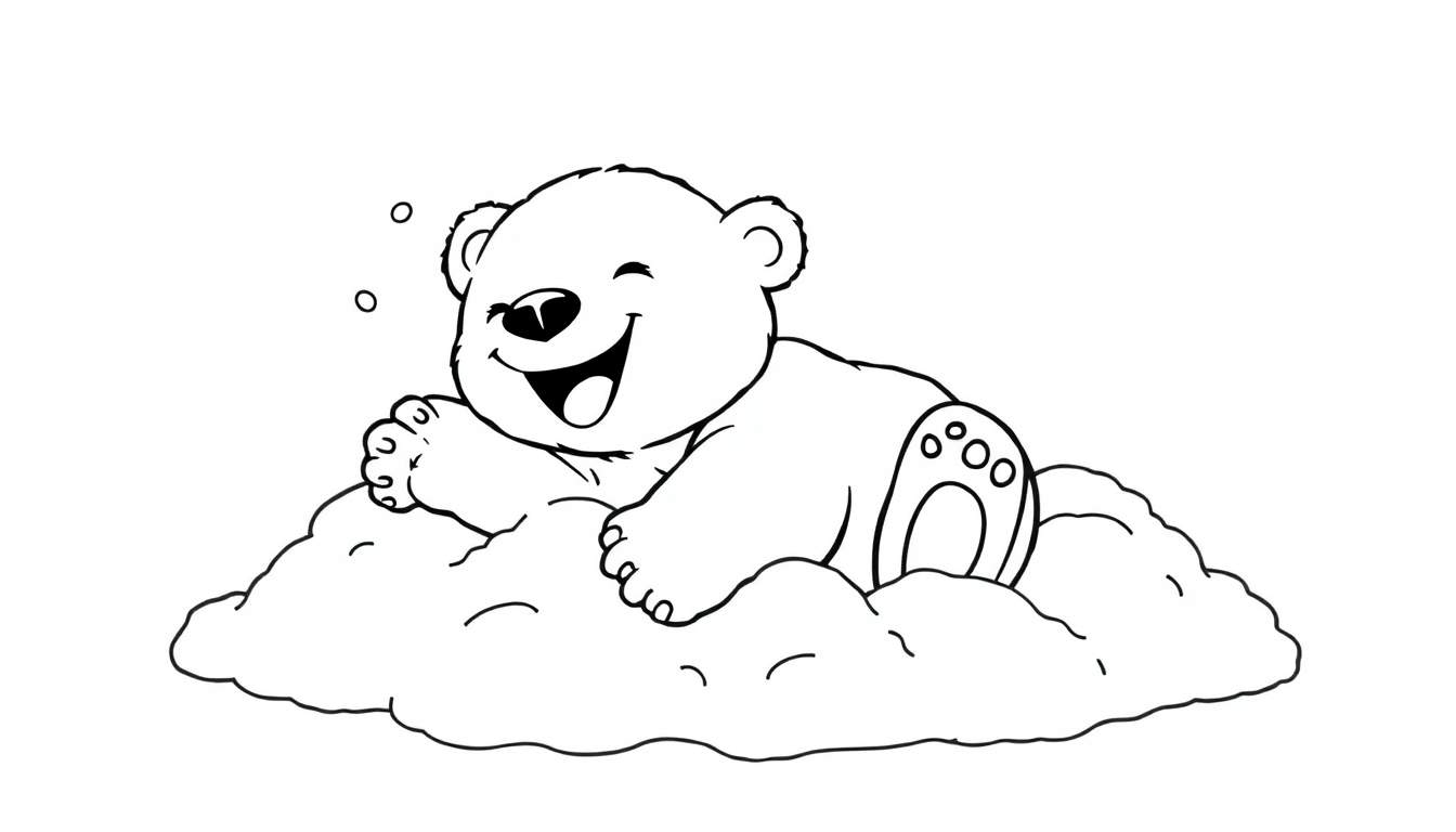 Placa de color de un oso polar amigable jugando en la nieve, listo para colorear.