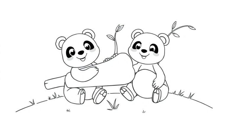 Dos pandas sentados sobre hierba, compartiendo una placa de color de bambú gigante.