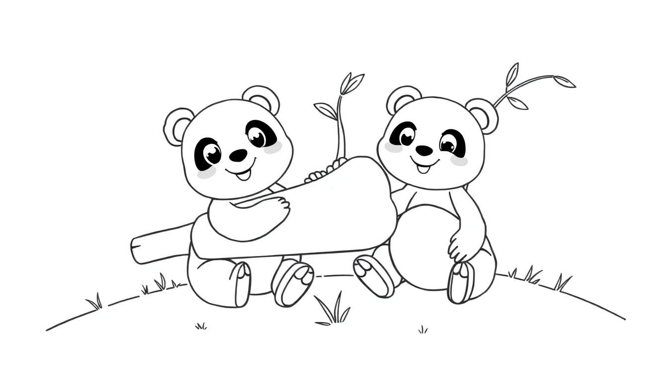Dos pandas sentados sobre hierba, compartiendo una placa de color de bambú gigante.