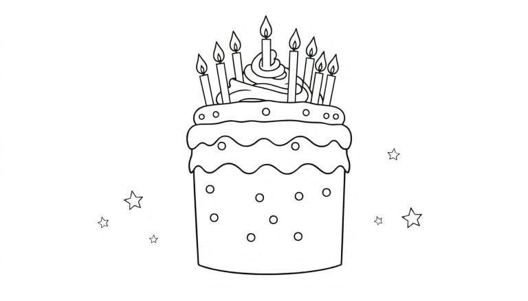 Placa de color de un pastel de cumpleaños con velas encendidas y estrellas.