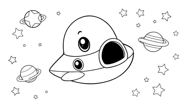 Placa de color: nave espacial con forma de pingüino en el espacio entre estrellas y planetas.