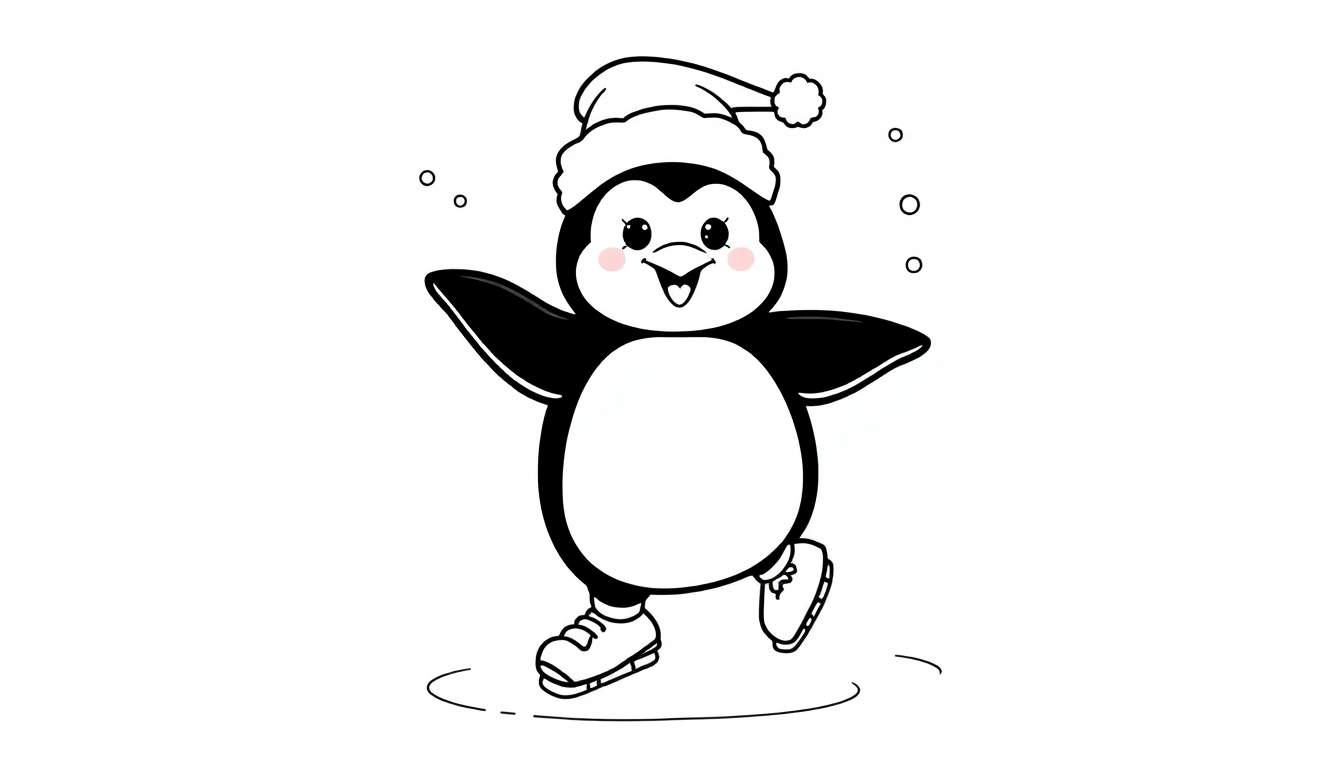 Placa de color de un pingüino amigable con un gorrito de invierno patinando sobre hielo con copos de nieve.