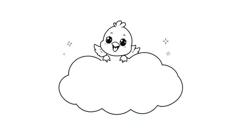 Un pollito de dibujos animados juguetón asomándose sobre una nube blanca, listo para ser coloreado en una placa de color.
