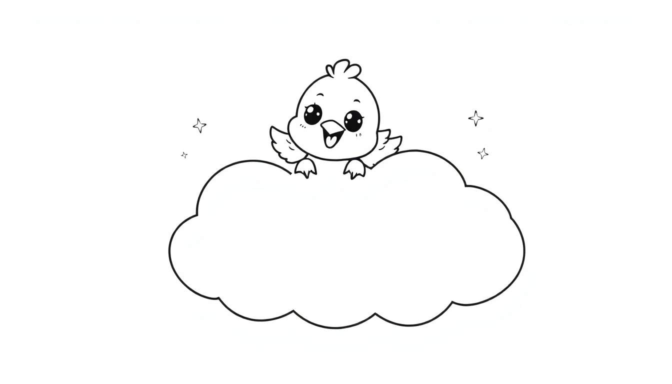 Un pollito de dibujos animados juguetón asomándose sobre una nube blanca, listo para ser coloreado en una placa de color.