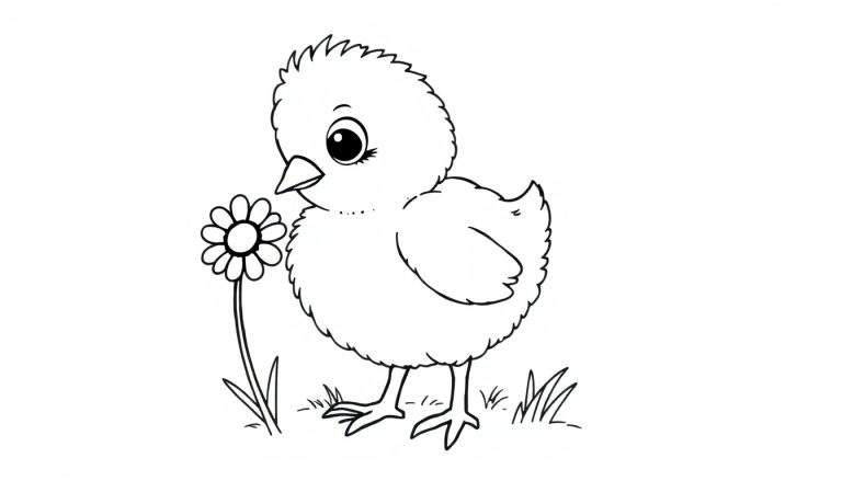 Placa de color de un pollito esponjoso con ojos grandes mirando una margarita.