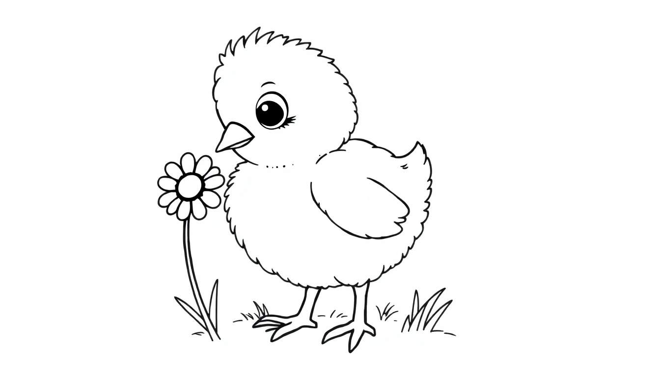 Placa de color de un pollito esponjoso con ojos grandes mirando una margarita.