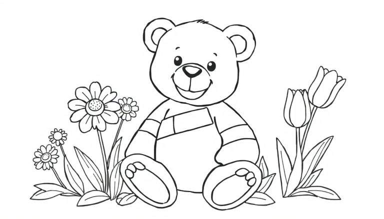 Placa de color de un oso de peluche con un vendaje rodeado de flores.