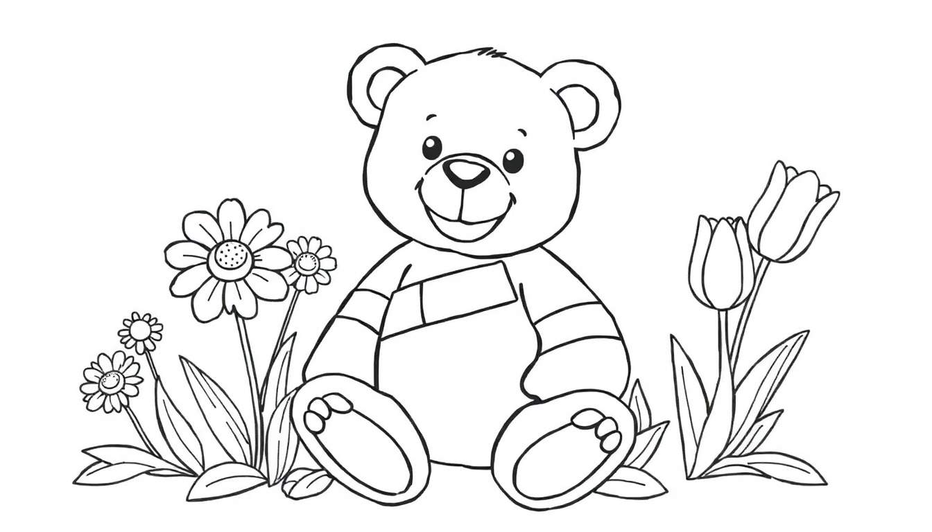 Placa de color de un oso de peluche con un vendaje rodeado de flores.