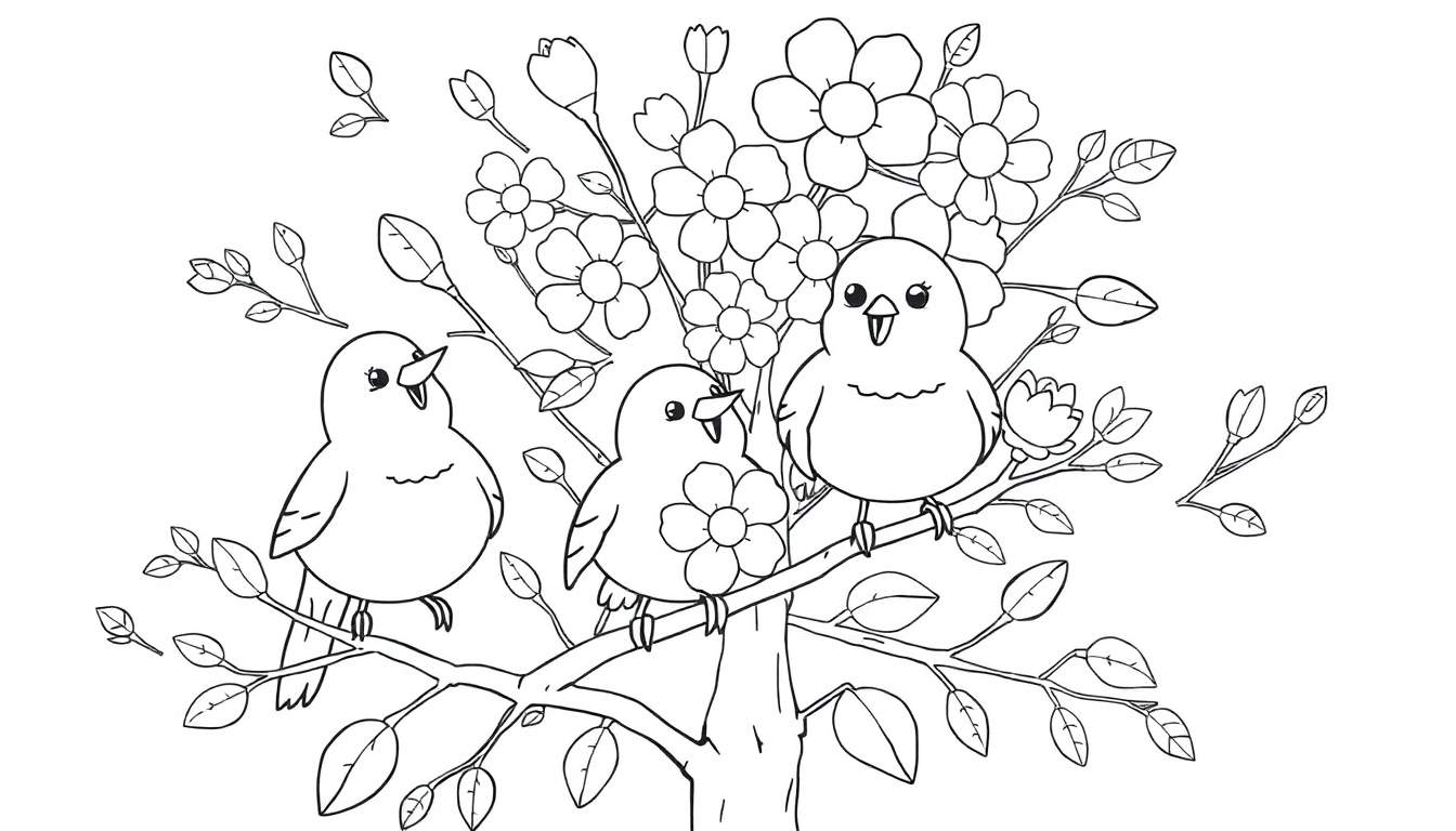 Placa de color con tres pájaros adorables en un árbol en flor.