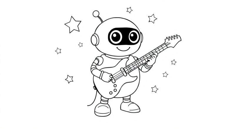 Placa de color de un robot tocando la guitarra con estrellas.