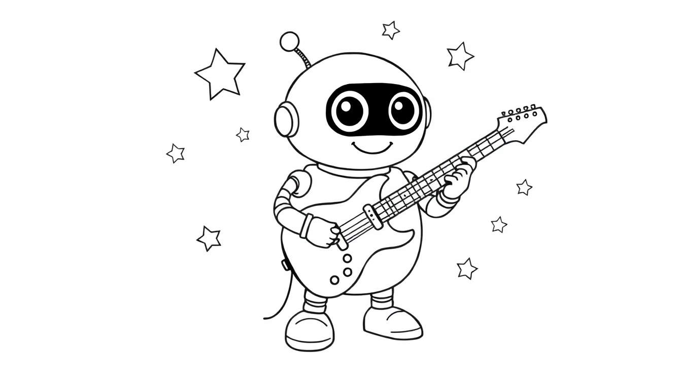 Placa de color de un robot tocando la guitarra con estrellas.