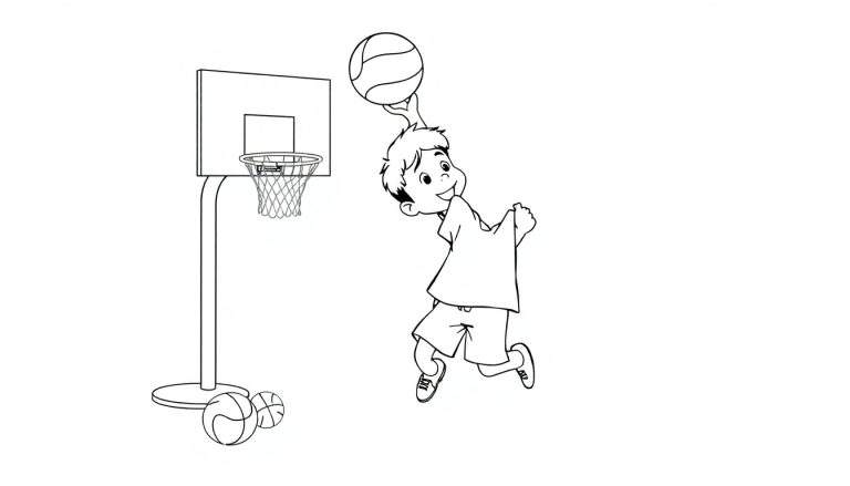 Placa de color de un niño feliz jugando al baloncesto.