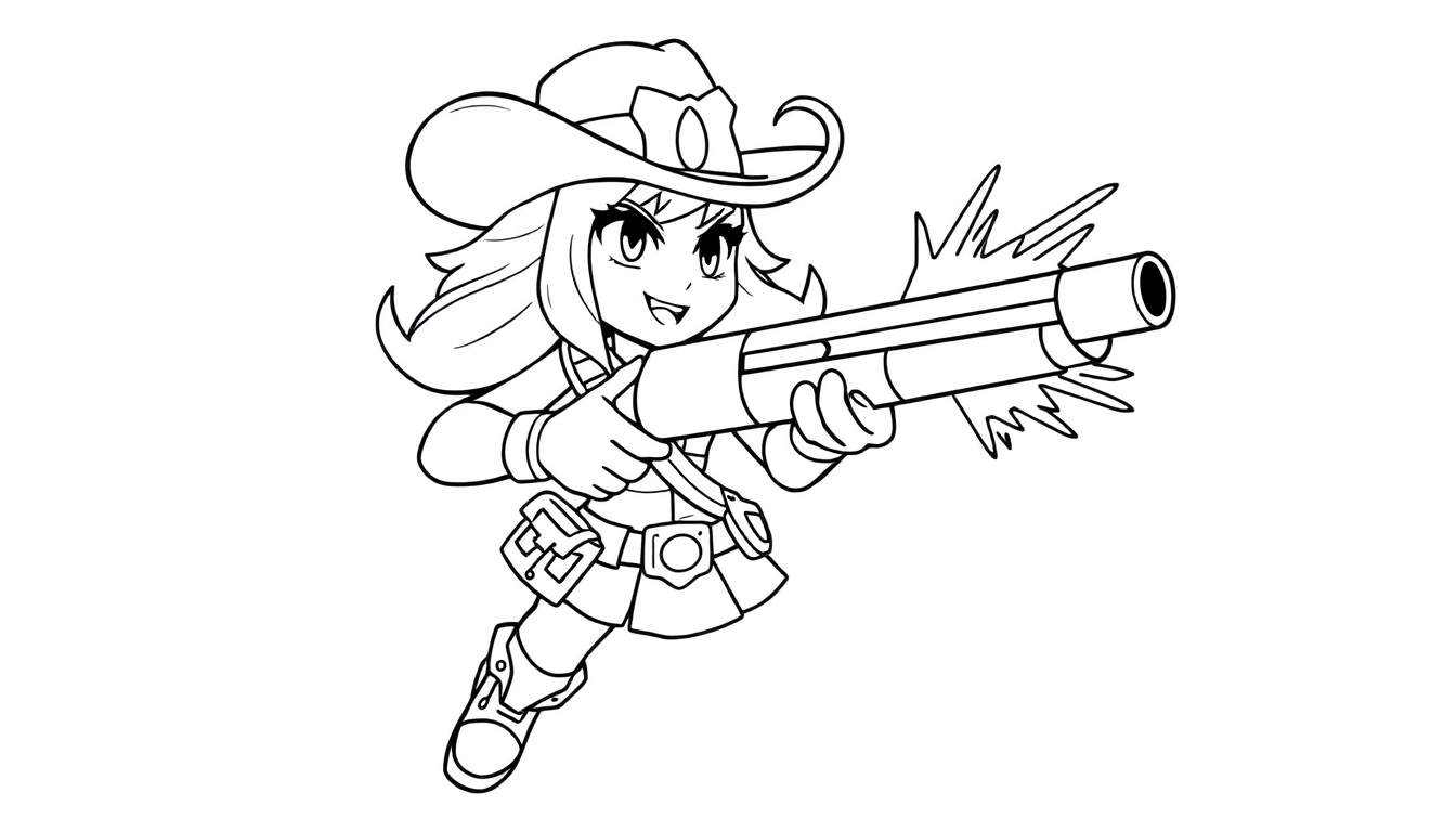 Chica vaquera de Brawl Stars con sombrero y arma lista para colorear en una placa de color.