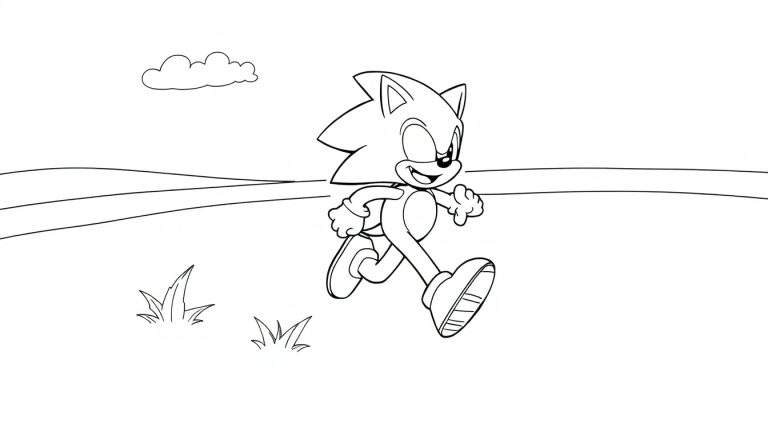 Sonic the Hedgehog corriendo en un paisaje blanco y negro, listo para colorear. Este es un dibujo lineal de la placa de color.