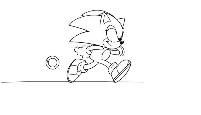 Placa de color de Sonic el erizo corriendo con anillos dorados.