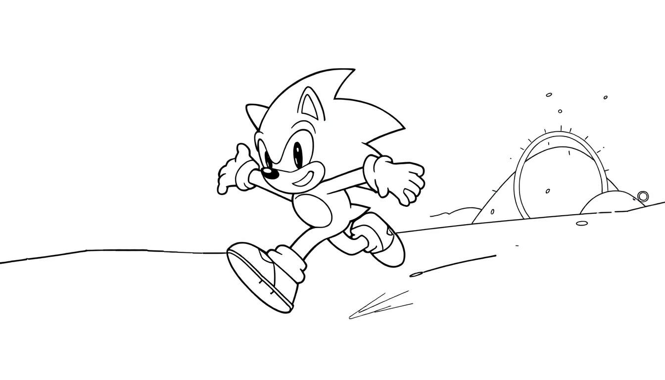 Placa de color de Sonic corriendo rápido con un bucle y colinas en Green Hill Zone.