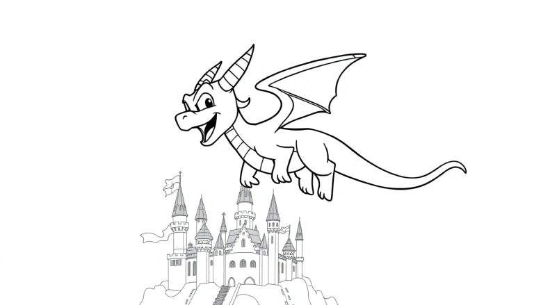 Placa de color de un dragón amigable volando sobre un castillo.