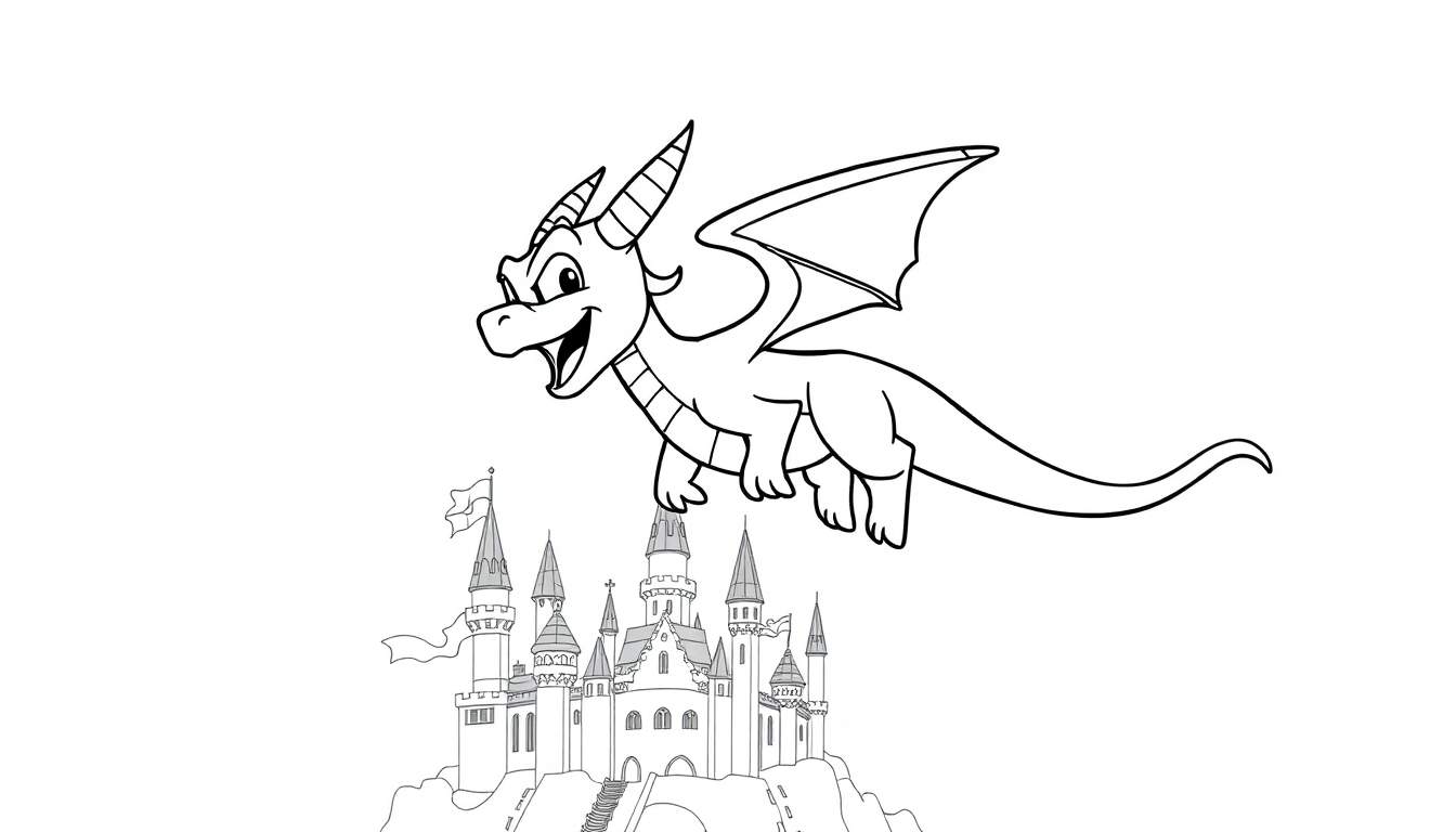 Placa de color de un dragón amigable volando sobre un castillo.